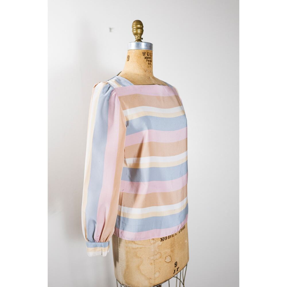 Vintage 80s Pastel Blouse, Puffed Sleeves, Neutral Stripes Academia Secretary, S